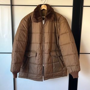 Vintage Men’s Quilted Overcoat with Faux Fur Collar - Size L/XL